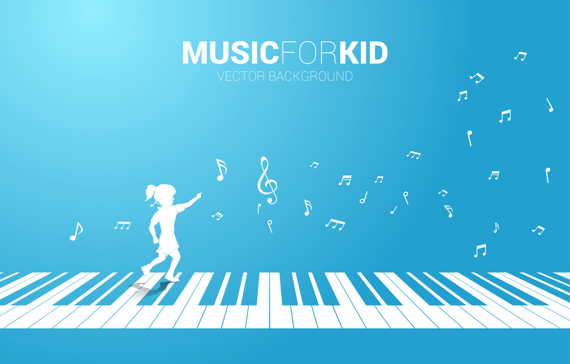 Vector silhouette of girl running with piano key with flying music note .