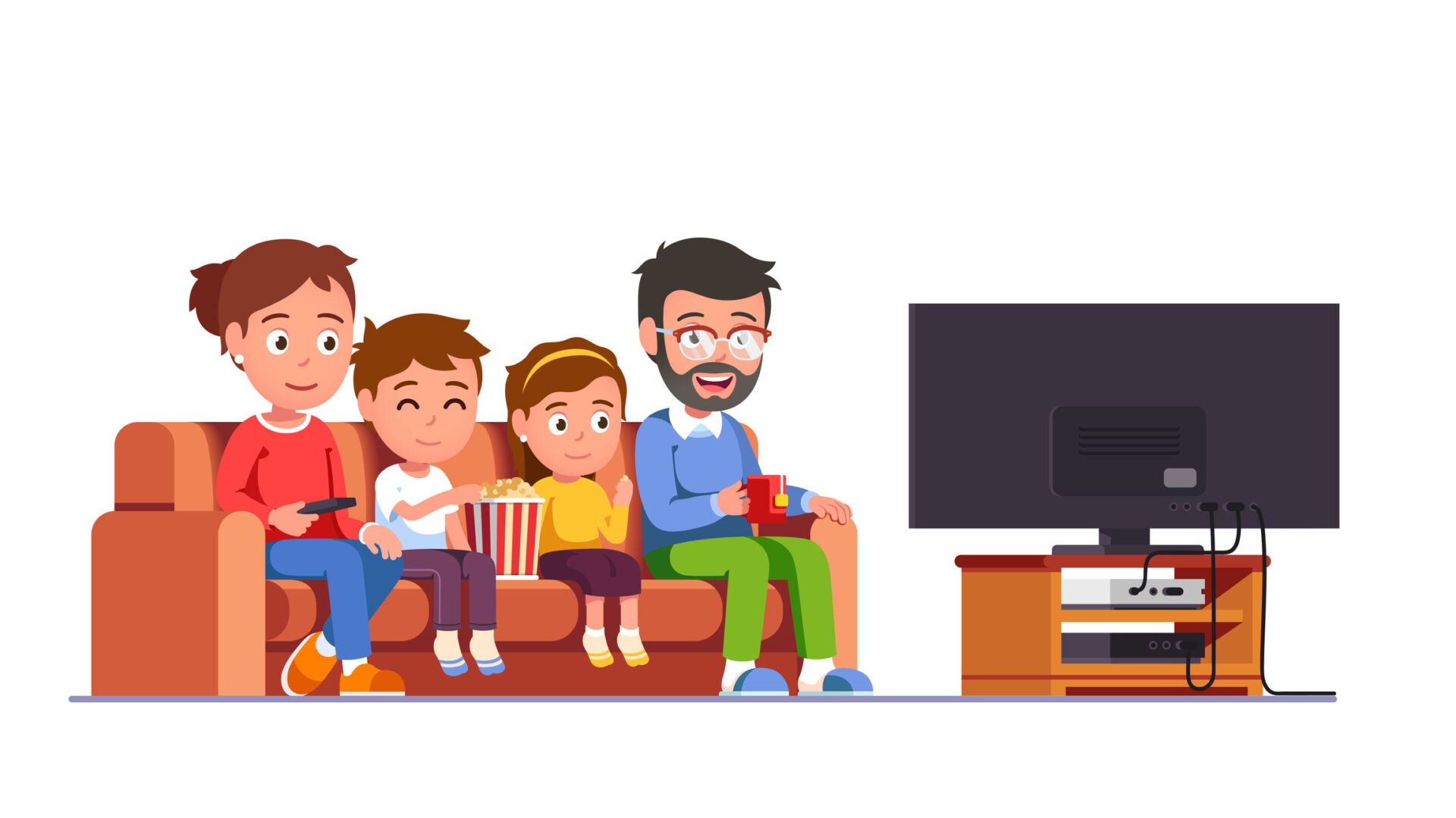Family watching movie or series together. Mother, father, kids boy, girl sitting on sofa at big tv screen having fun. Children eat popcorn. Home family entertainment flat vector character illustration